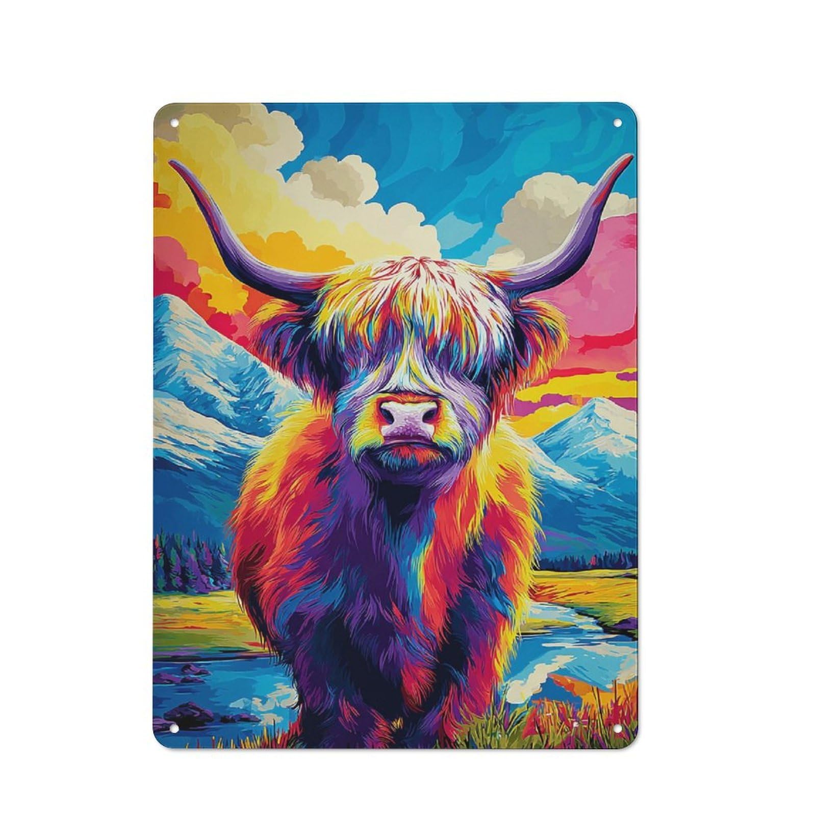 Junmoney Colorful Highland Cow Landscape -1 Metal Sign 40X30cm With For Workshop Wall, Rustic Decor, Wall Decoration For Workshops And Hobby Rooms
