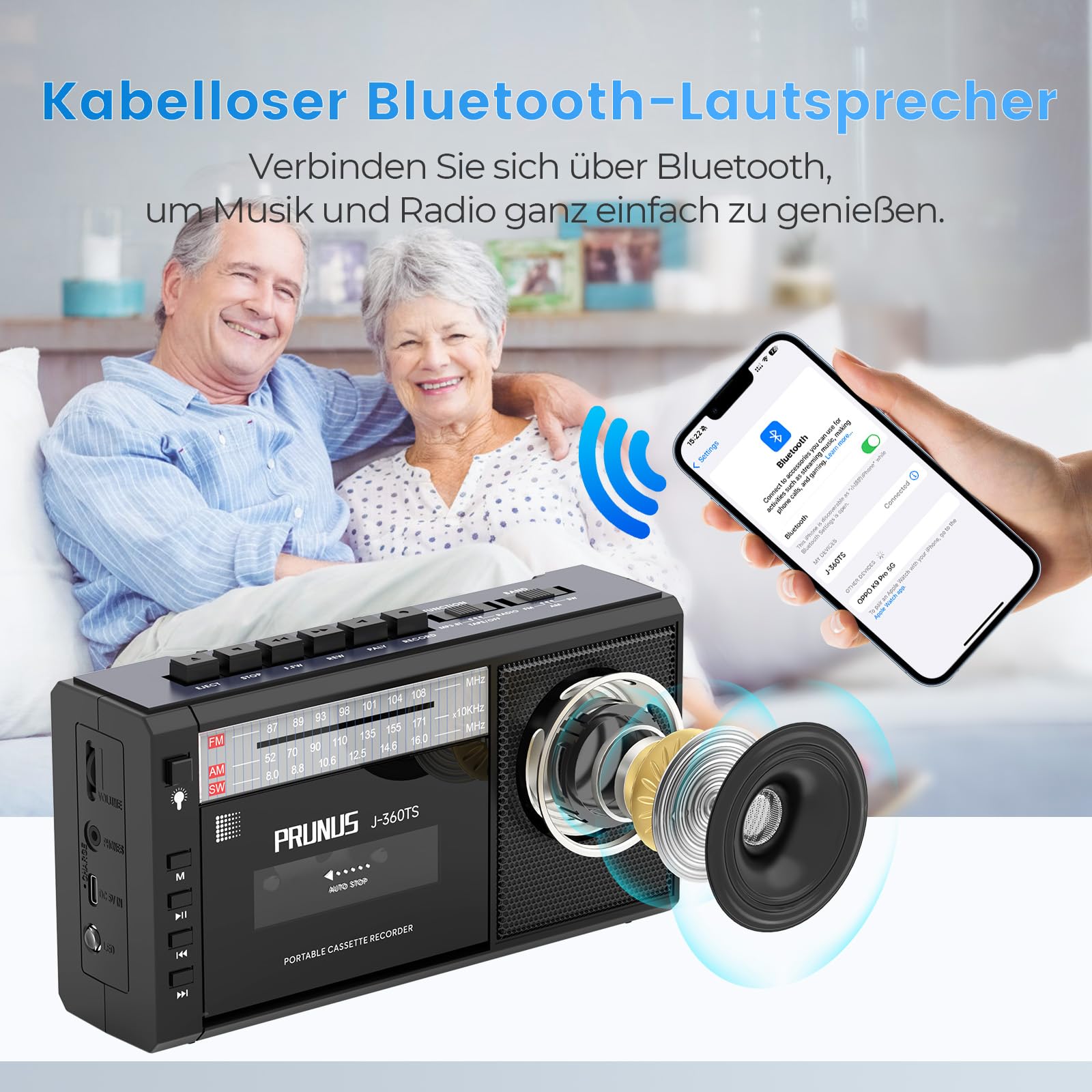PRUNUS J-360 Tragbare Kassettenspieler mit Bluetooth, AM/FM Kassettenradio mit Akku & Solarpanel, Kleines Radio kassettenrekorder mit Kopfhöreranschluss, TF/USB-Laufwerk.