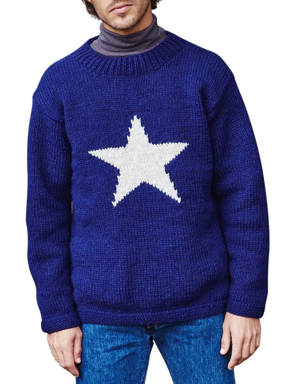 Pachamama Men Wool Jumper Handknitted Star Design Navy Handmade Extra Warm Sweater Fair Trade (as8, Alpha, x_l, Regular, Regular)