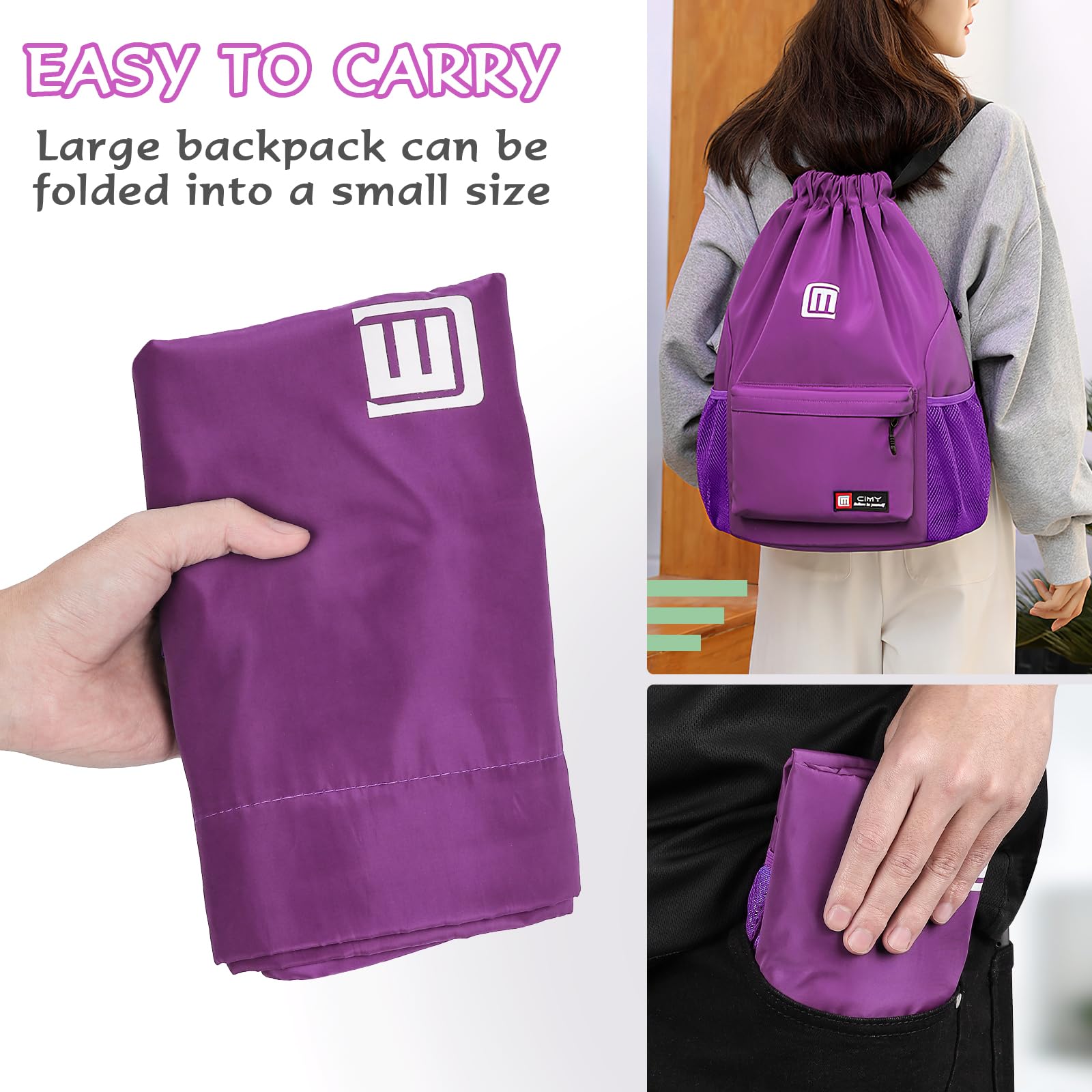 Tesmien Drawstring Bags,Waterproof Swimming Bags Unisex Sports Backpacks for Kids Adult Large Drawstring Sackpacks Bags for School Gym Sports Travel Swimming-Purple - Image 4