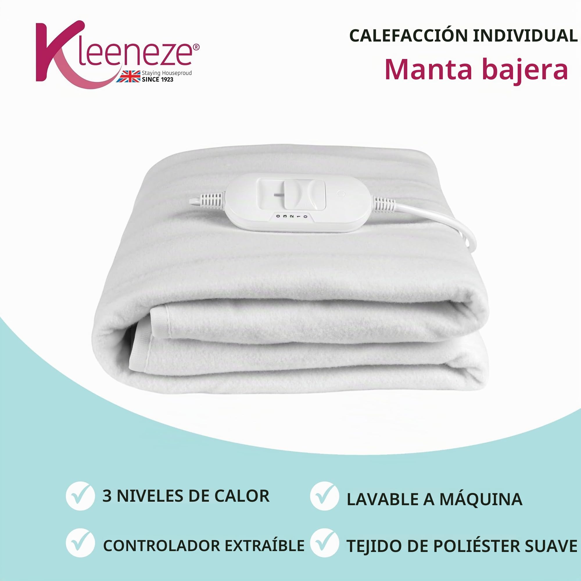 Kleeneze Manta térmica - Manta eléctrica para Camas Individuales, Lavable a máquina, Funda Debajo de la Cama, 3 ajustes de Calor, luz indicadora, Tela Suave, Controlador Desmontable, Amarre 35 W, 135