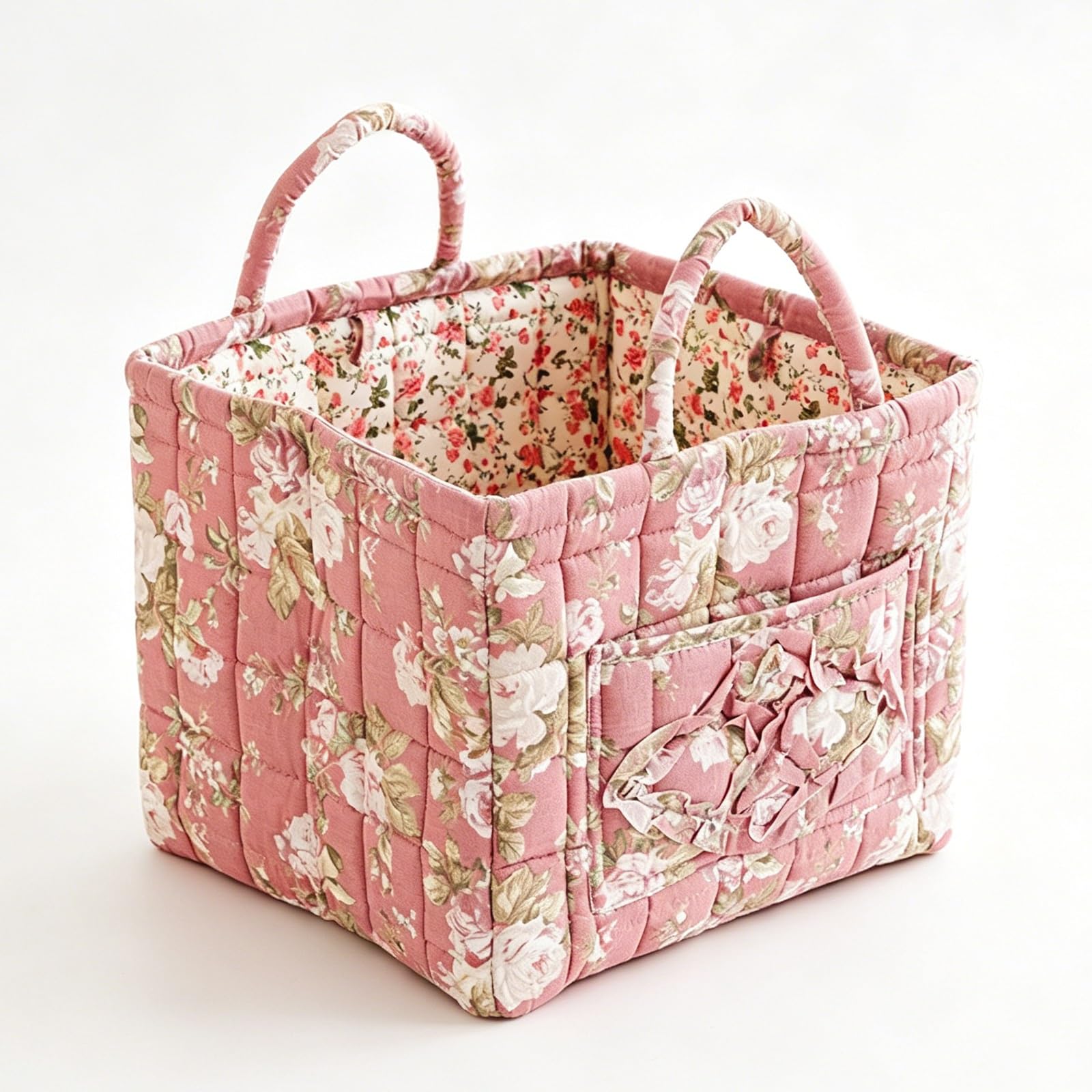 Quilted Vintage Floral Fabric Storage Basket with Ruffle Front Pocket & Reinforced Padded Handles, 23L Large Foldable Decorative Organizer Bin for Closet Bedroom Clothes Sundries(345)