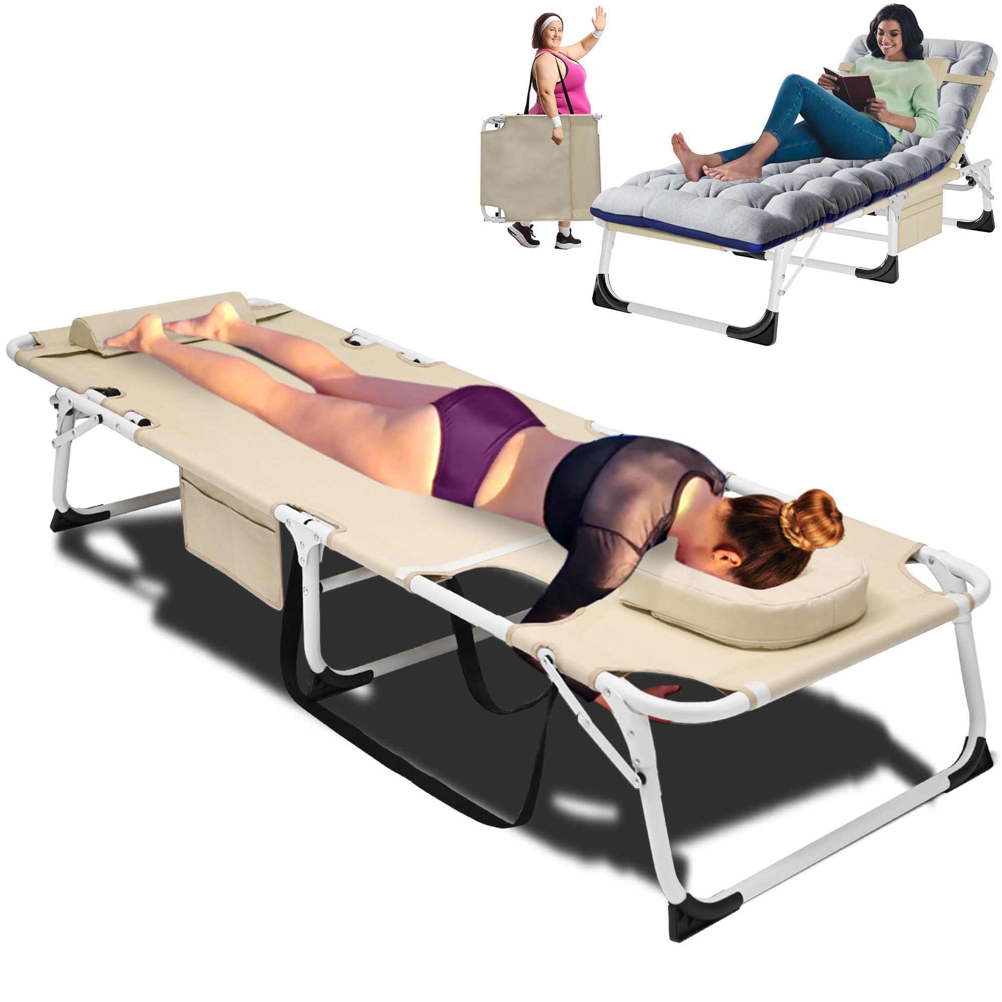 ABORON Patio Lounge Chair, Sun Tanning Bed, Folding Heavy Duty Chaise with 500LB Load Capacity, Adjustable Portable Chair for Home, Garden, Beach, Office, Camping &amp; Sunbathing