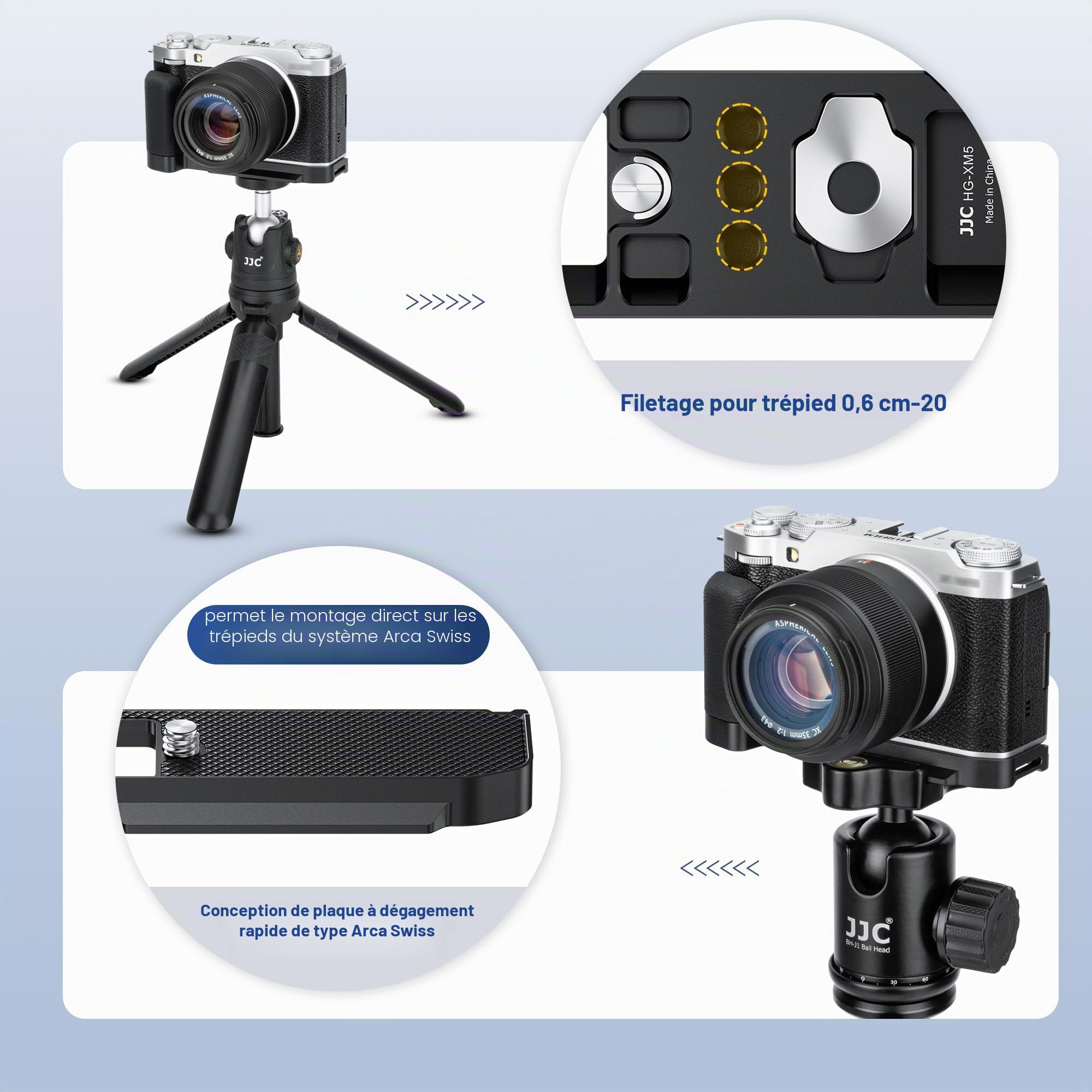 JJC XM5 Poignée en Métal pour Appareil Photo Fujifilm Fuji X-M5, Type Arca Swiss Support de Plaque à Dégagement Rapide avec Support en L en Silicone Antidérapant pour une Meilleure Prise en Main, Noir