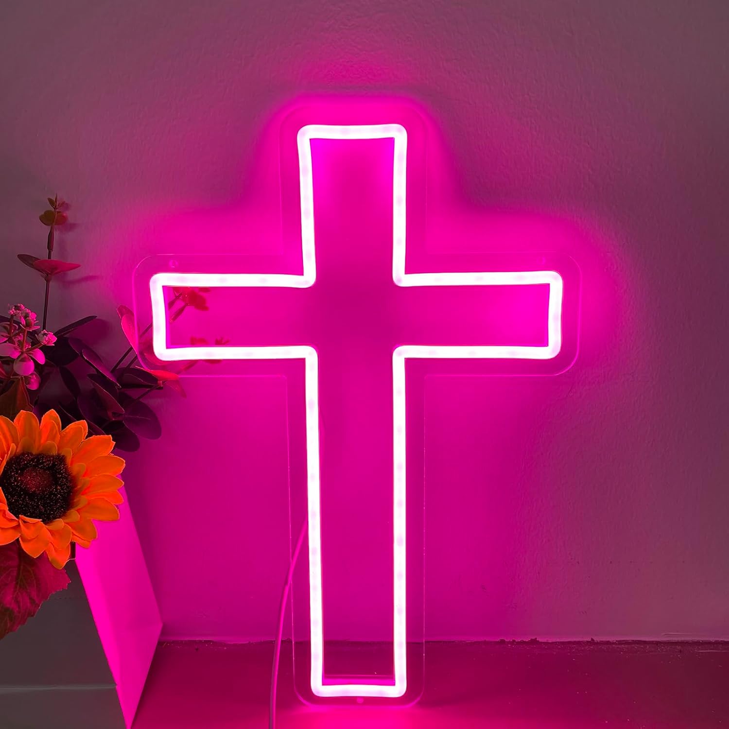 Cross Neon Sign Customizable LED Light Wall Art Decor Personalized Room Interior Design Lamp Hanging for Bedroom Kids Teens Kids Halloween Christmas Wedding Paarty Acrylic Signs (Pink)