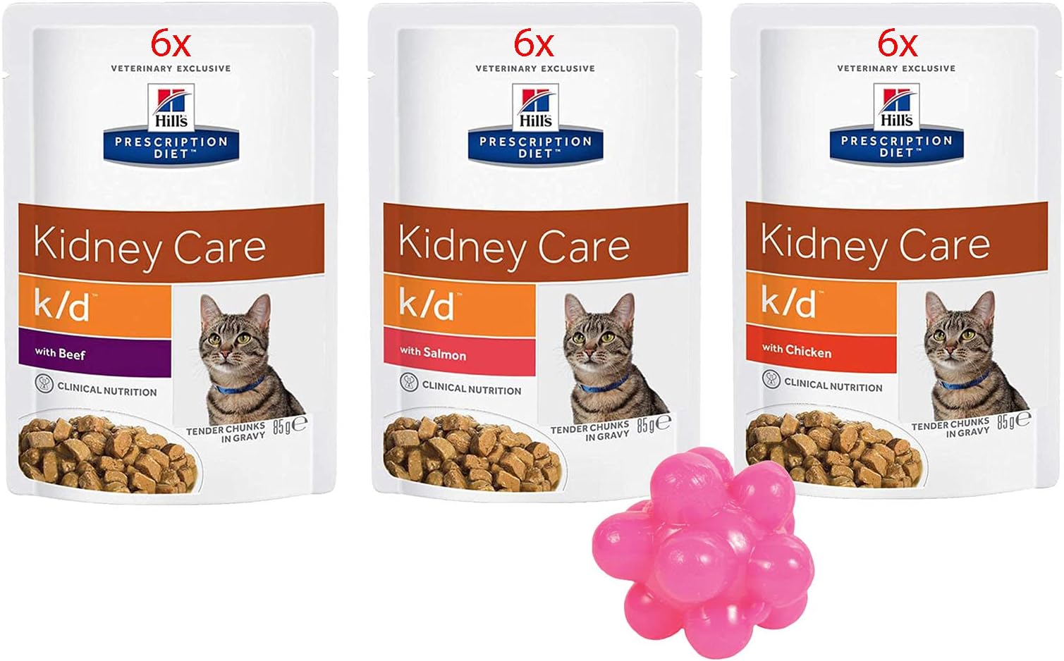 Hills k/d Kidney Care Cat Food - 18 x 85g (6 Beef, 6 Salmon, 6 Chicken) with Free Toy Ball