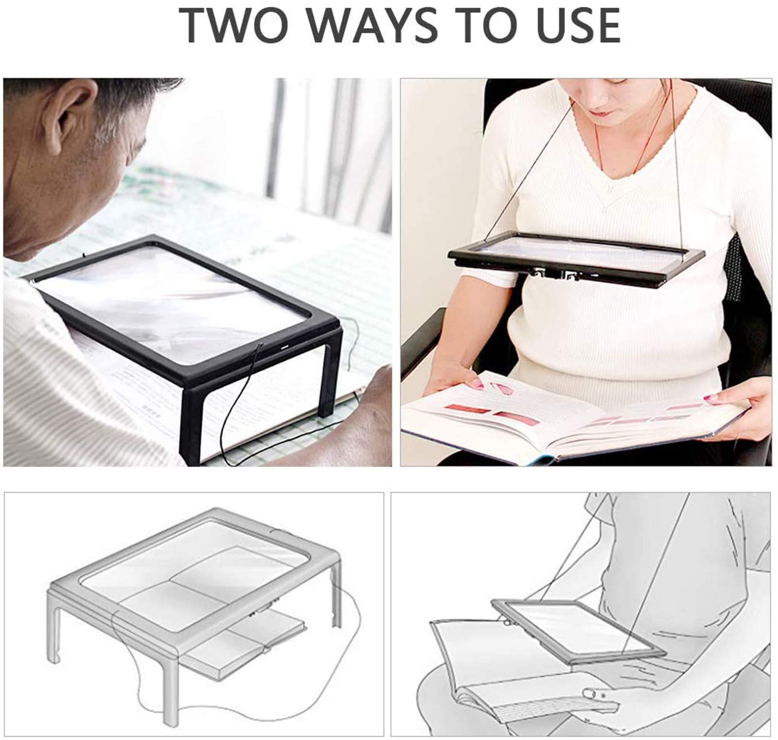 Lente d'ingrandimento completa 3X, A4, rettangolare, vivavoce, rettangolare, pieghevole, con lente d'ingrandimento a LED a 4 luci, aiuto per la lettura di libri con piccole stampe