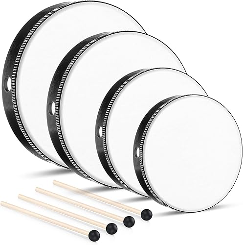 Juego de 4 tambores de mano para niños y adultos, con marco de madera, con barra de tambor, de 12 pulgadas, 10 pulgadas, 8 pulgadas, 6 pulgadas,