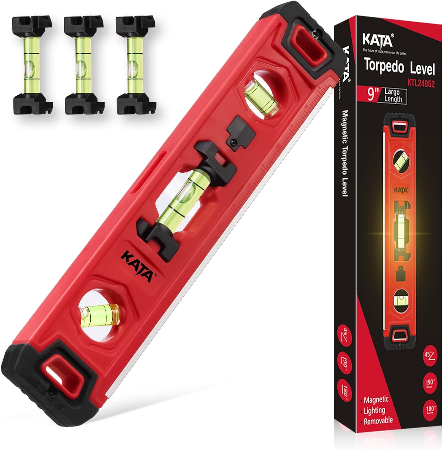 KATA Torpedo Level Magnetic with Light: 9 Inch Shockproof Small Leveler Tool with Ruler – 3 Bubbles Spirit Level with Extra 2 Line Bubble Vials – Plumbing Levelers for Hanging Pictures Home Renovation