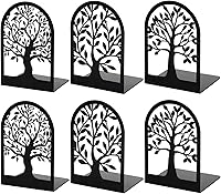 HappyHapi Metal Tree Bookends - 3 Pairs Decorative L-Shaped Book Ends for Heavy Books, Shelves, Home Office (6 Pcs Black, 6.5x4.7x3.5 Inch Large)