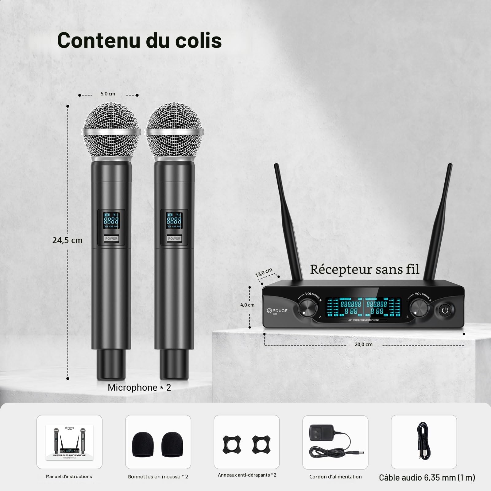 FDUCE W13 Système de Microphone sans Fil Dynamique 2x5 Canaux UHF 60m Karaoké