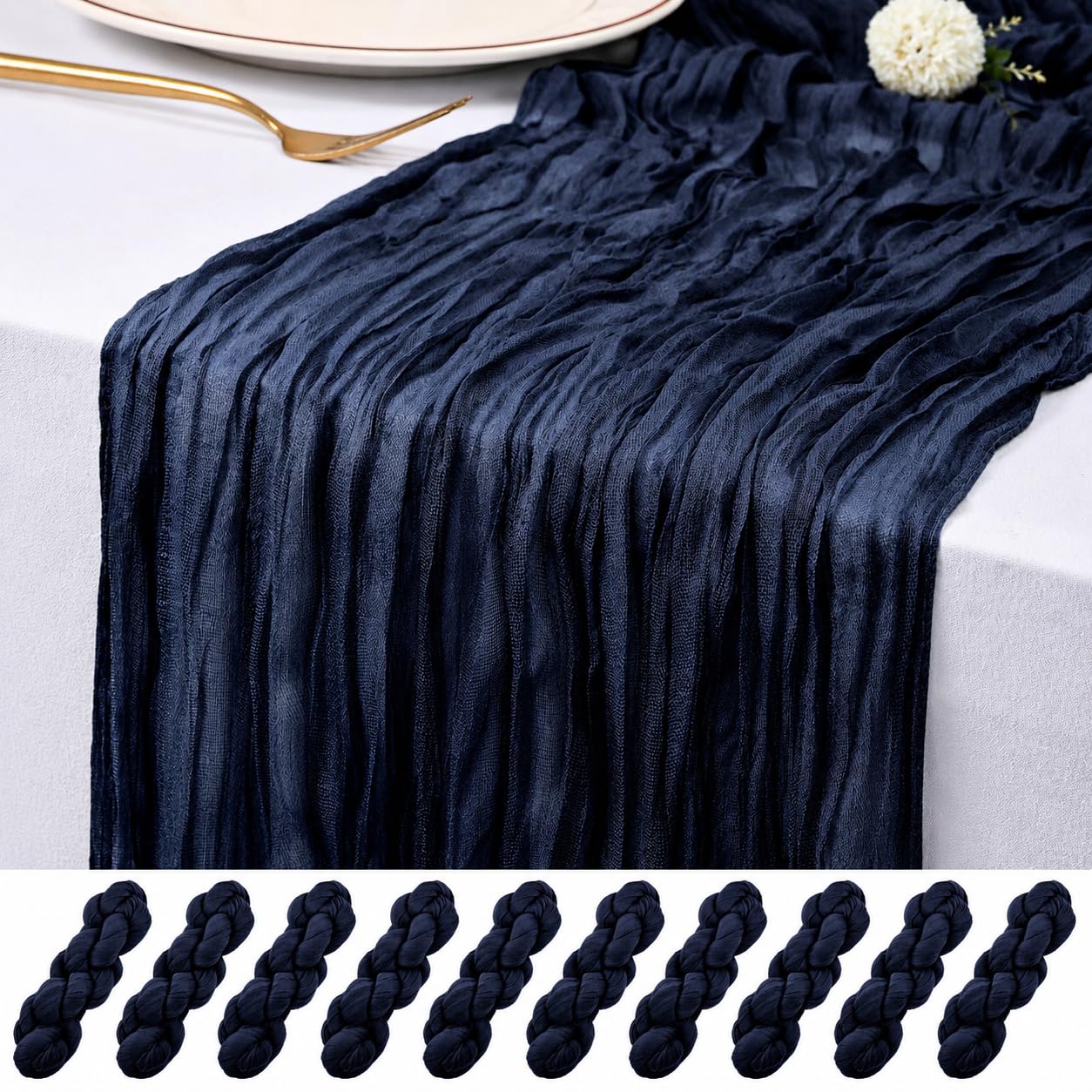 Photo 1 of 10 Pack Navy Blue Cheesecloth Table Runner 17x108 Inch Semi Sheer Boho Rustic Gauze Cheese Cloth Table Runners for Wedding Party Birthday Baby Shower Home Décor