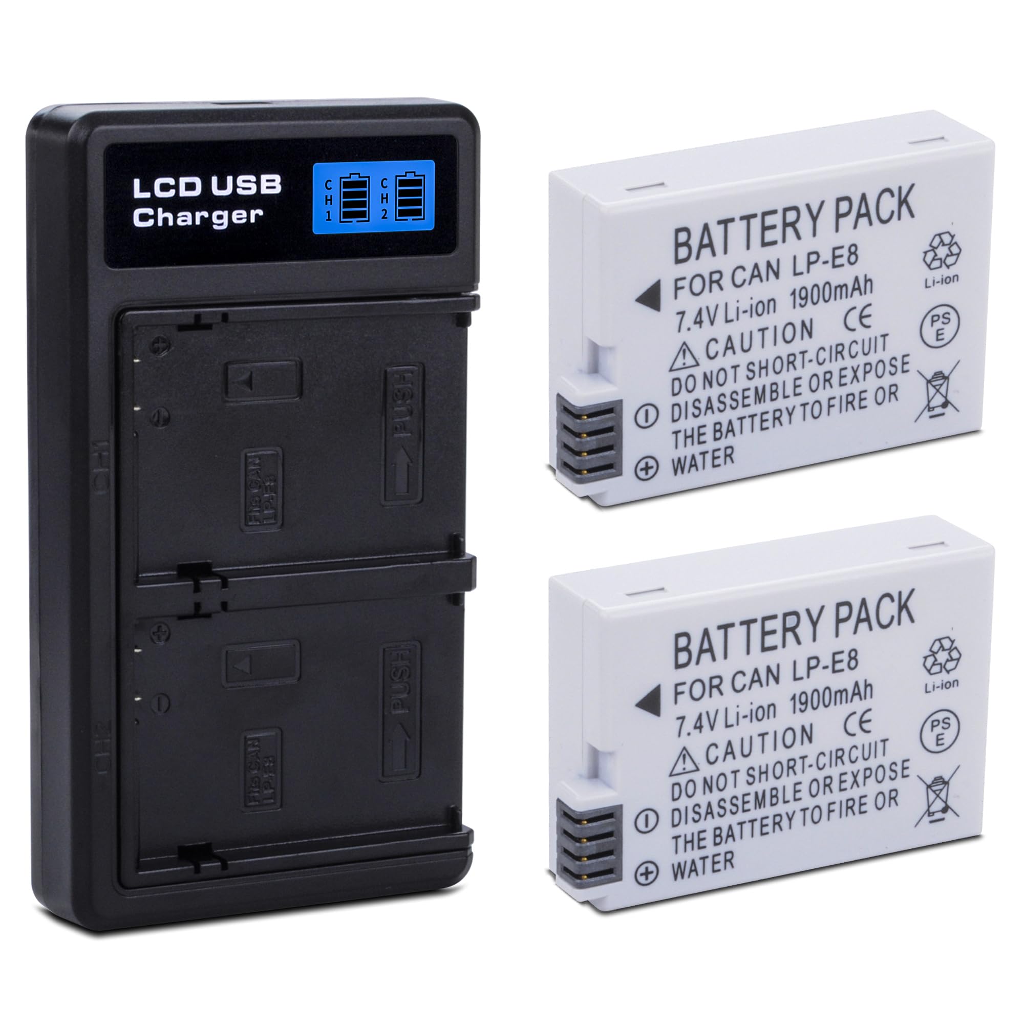2-Pack LP-E8 Battery with USB-C Dual Charger Compatible with Canon EOS Rebel T2i, T3i, T4i, T5i, 550D, 600D, 650D, 700D, Kiss X4, X5, X6i, X7i Cameras &More(Not for T2 T3 T4 T5) 1900 mAh