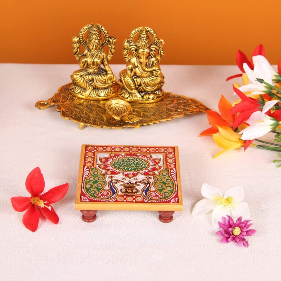 Handicrafts Paradise Marble Chowki Pair with Peacock Design Painted