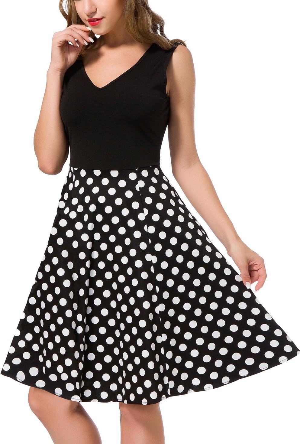 MOUEEY Women's Vintage Scoop Neck Midi Dress Sleeveless A-Line Cocktail Party Tank Dress B Polkadot M