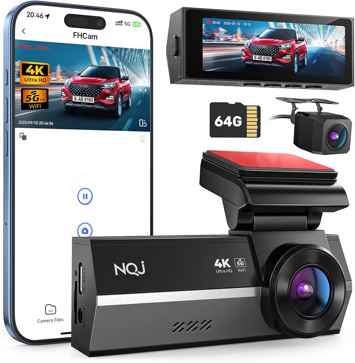 Dash Cams Front and Rear, NQJ 4K+2K Dual Dash Camera for Cars w 64GB Card, 5GHz Wi-Fi & App, G-Sensor, 3.2” Screen, 24H Parking Mode, 170°Wide Angle, Night Vision
