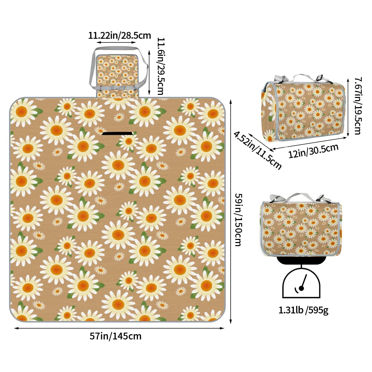 Shimoshe Picnic Blankets 57”x 59”, Cartoon Daisies Waterproof Sandproof Picnic Mat Lightweight Foldable Beach Blanket for Camping Park Grass Beach Outdoor Blanket