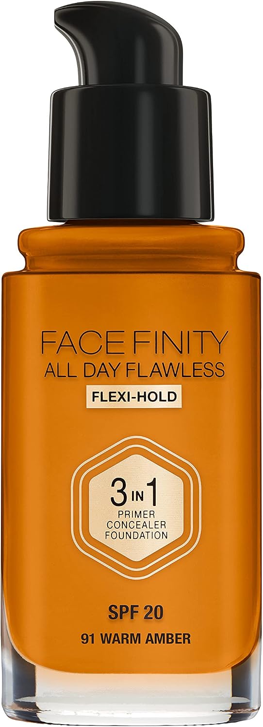 Max Factor Facefinity 3-in-1 All Day Flawless Liquid Foundation, SPF 20 - 91 Warm Amber, 30 ml, 30 ml (Pack of 1)