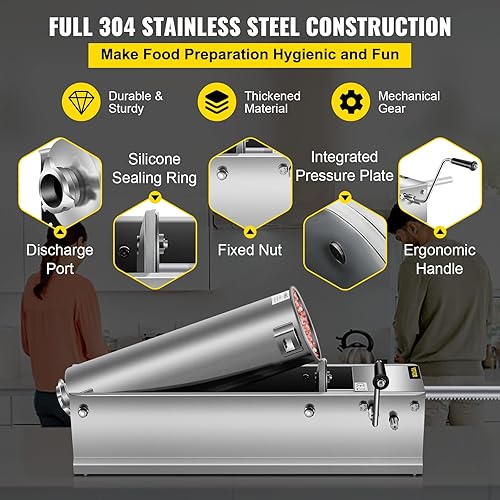 Miniatura 29 de Happybuy Embutidora de salchichas horizontal 3L/7lbs Máquina de embutido manual con 5 boquillas de llenado Máquina de llenado de salchichas para uso