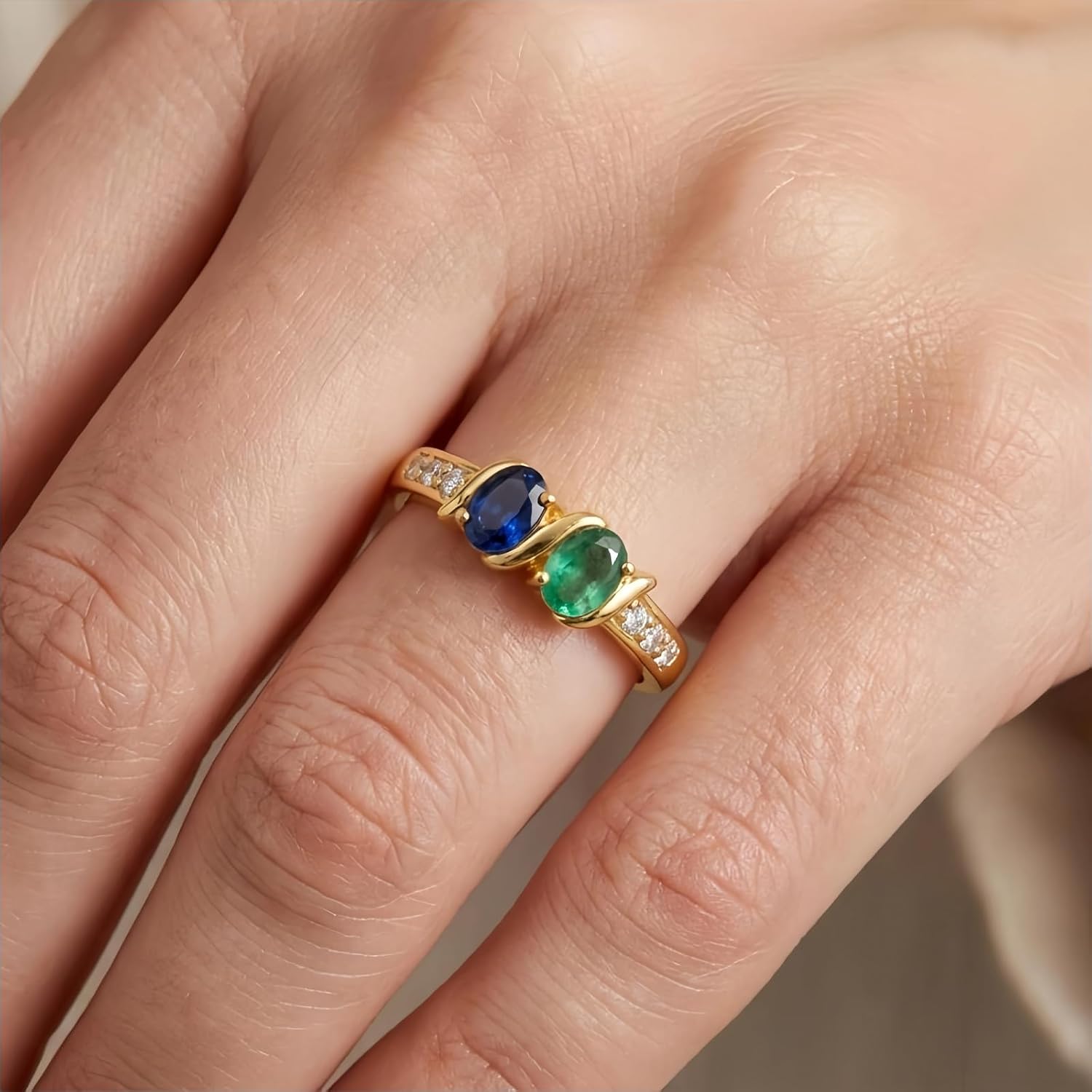 Personalized 1-5 Birthstone Rings for Women 10K 14K 18K Gold Oval Shaped Birthstone Family Mother's Ring Anniversary Ring for Wife Mom Size 4-15