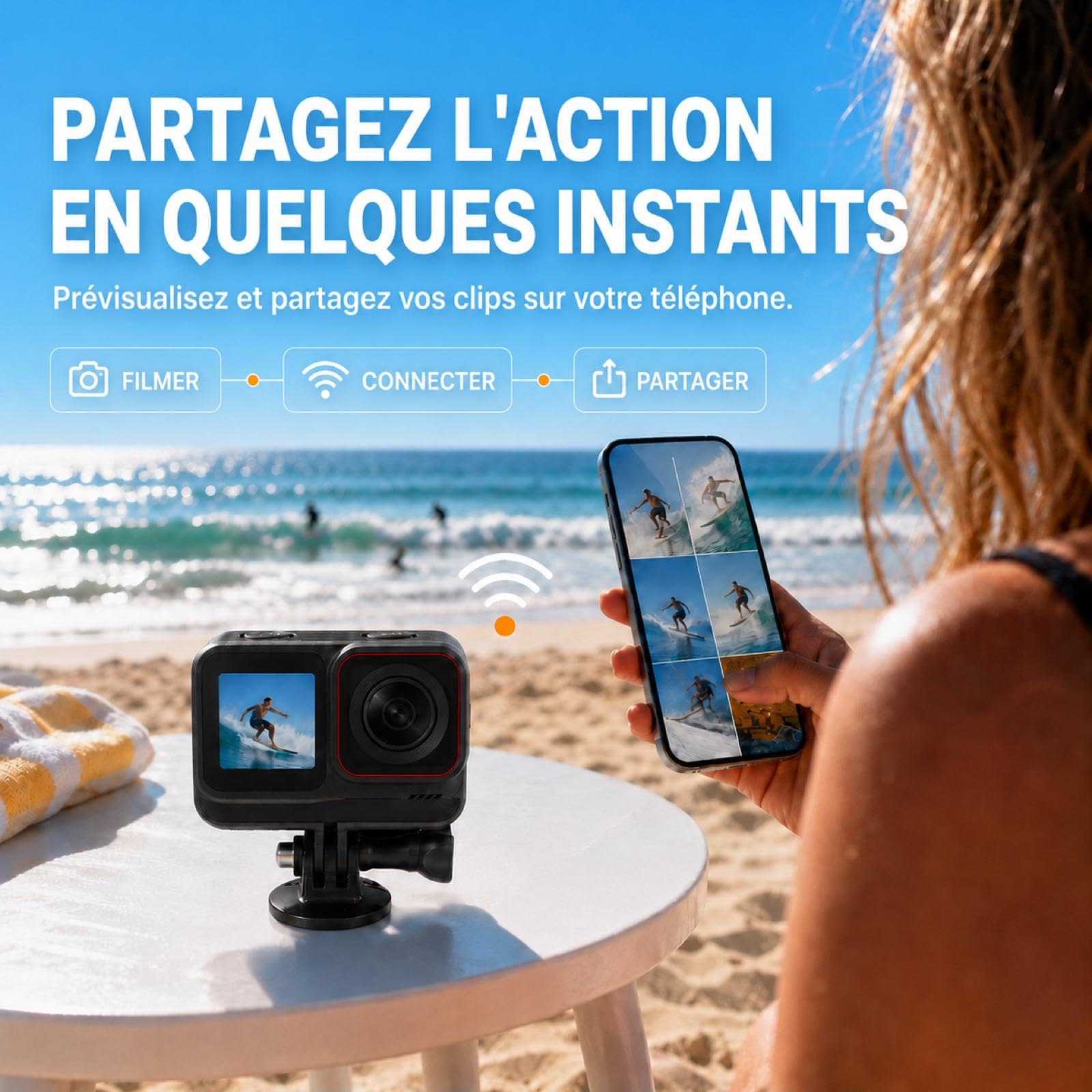 T20M Caméra d'action 4K pour vélo & POV Casque, étanche 5 m sans boîtier, stabilisation EIS 6 Axes, Double écran, 2 Batteries, Station d'accueil et Carte 64 Go