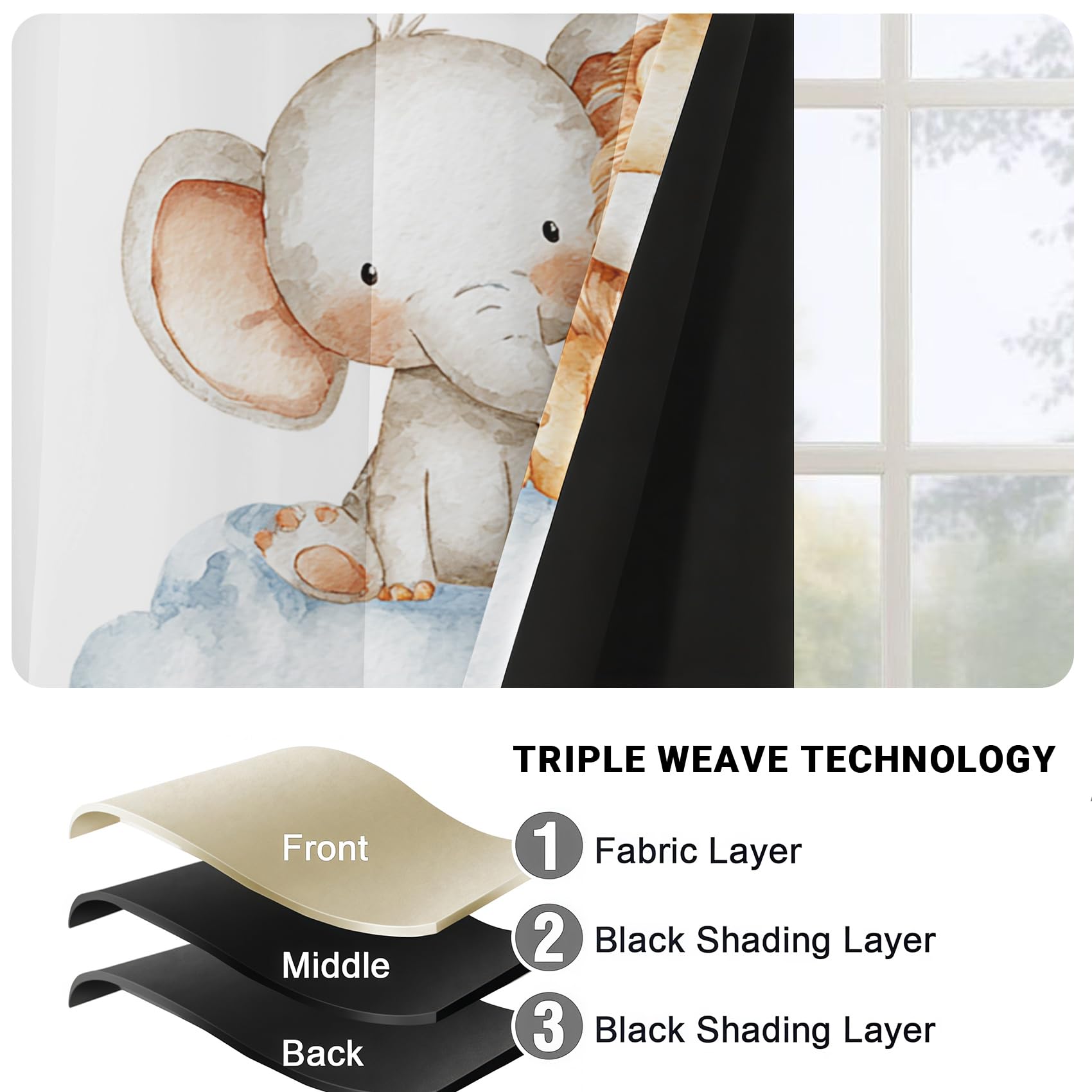 Générique Rideau Occultant Safari Animaux, Motif Lion Éléphant Zèbre, Rideaux Thermiques à Oeillets pour Chambre Salon, Enfants Garçons Filles Lot de 2 Décoration de Fenêtre 140x200 (LxH), &240oT