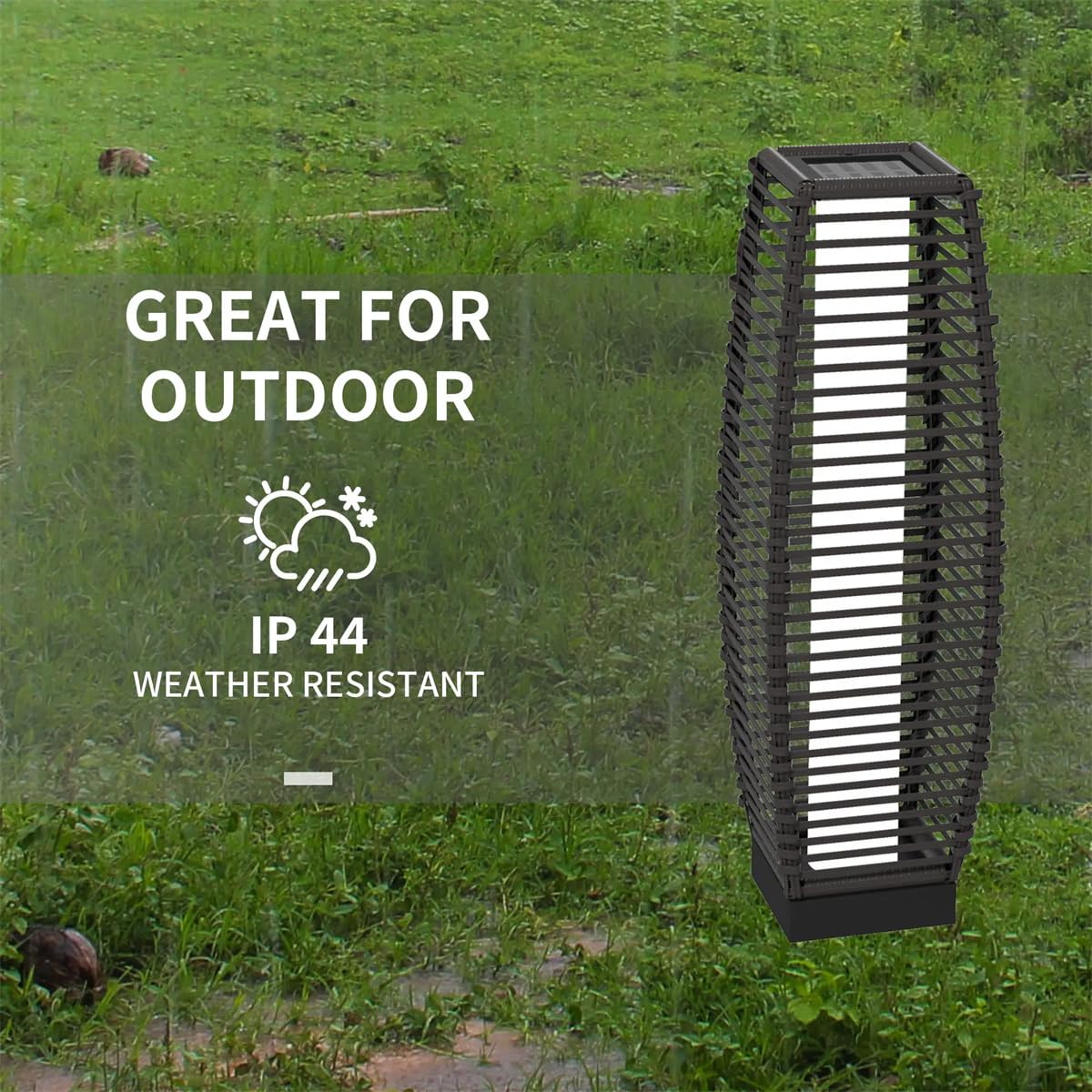 Gray Waterproof Outdoor Solar Floor Lamp with Auto On/Off LED Lights, IP44 Rated, Rattan Design for Patio, Garden, Yard, or Driveway