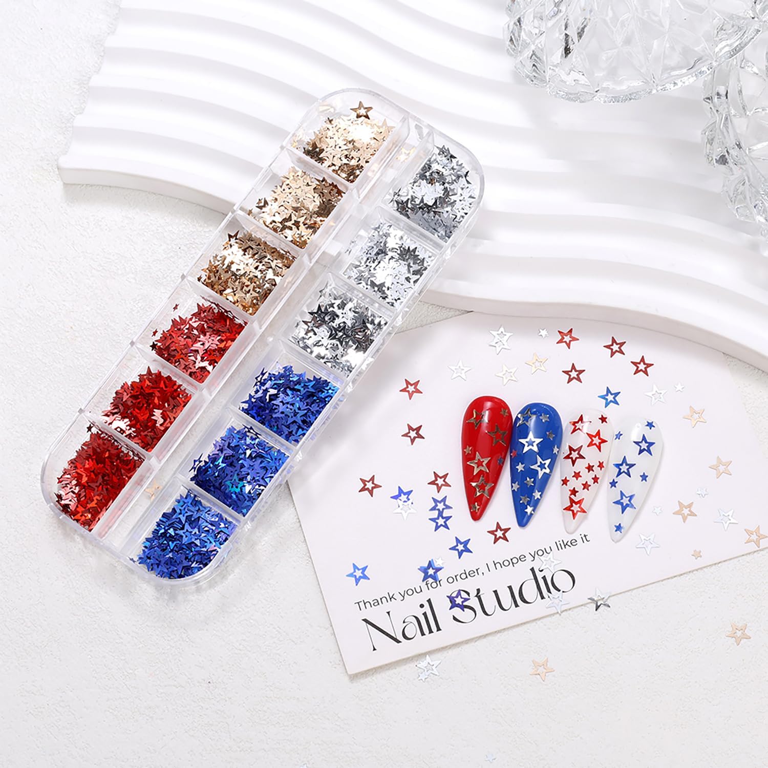 12 Grids Star Nail Art Sequins Holographic Star Nail Glitter Flakes 4th of July Red Blue Silver Gold Stars Nail Confetti Independence Day Nail Sequins for Acrylic Nails Resin DIY Crafts Decorations