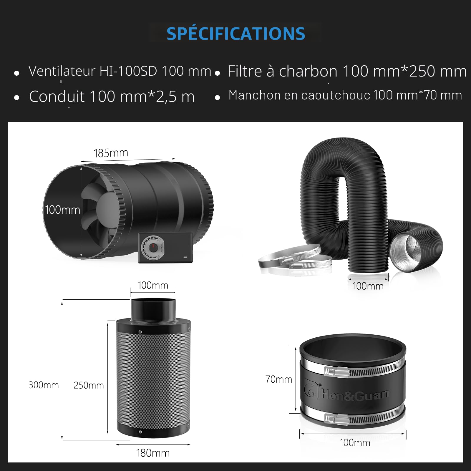 Hon&Guan Ensemble de ventilation de 100 mm 221 m³/h avec ventilateur tubulaire intégré, variateur de vitesse, filtre à charbon actif, tuyau d'extraction en caoutchouc, manchon en caoutchouc, système