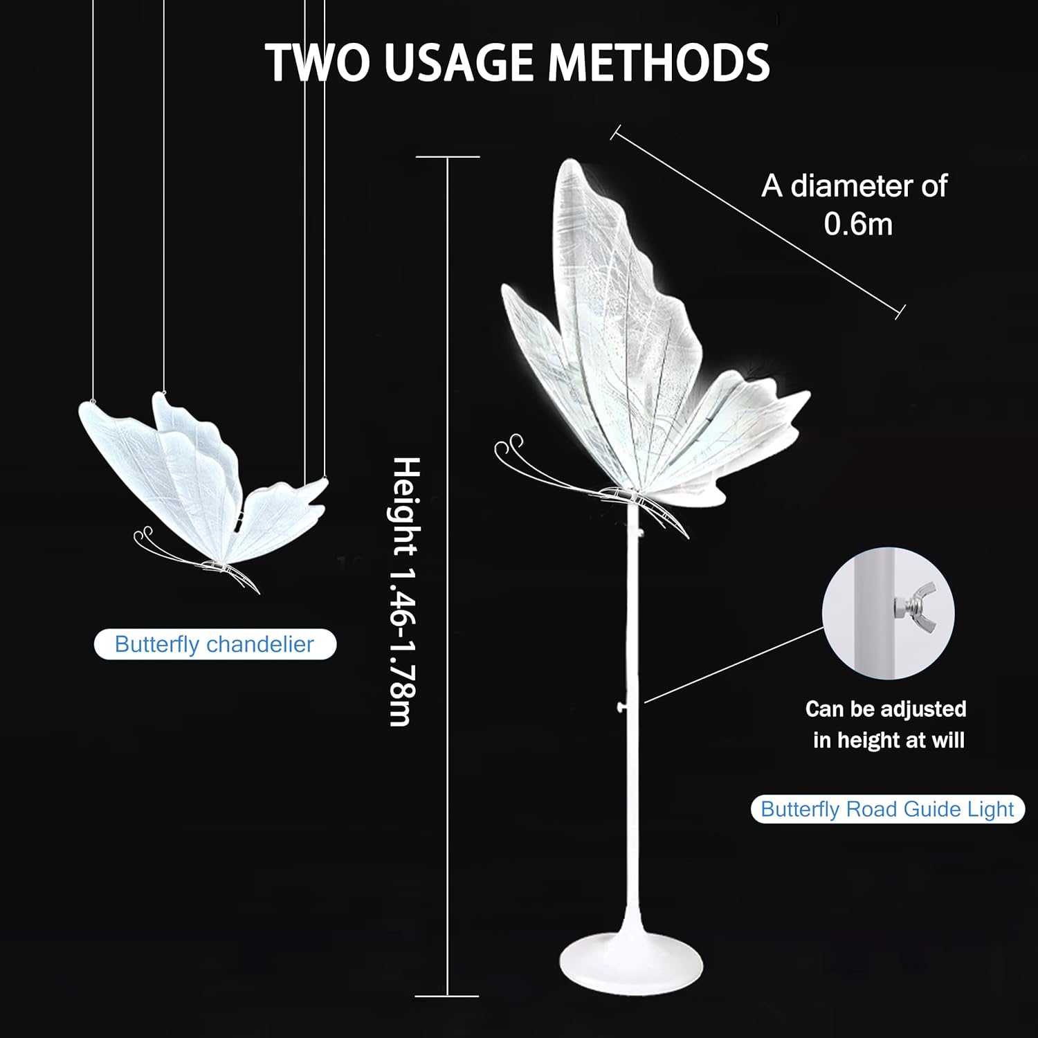 2Pcs 3-Color Butterfly Floor Lamp, 23.6" Wedding Butterfly White Color Ceiling Light & Hanging Dual Use Decorative Lamp, Adjustable Height for Wedding Party (White, W24in)