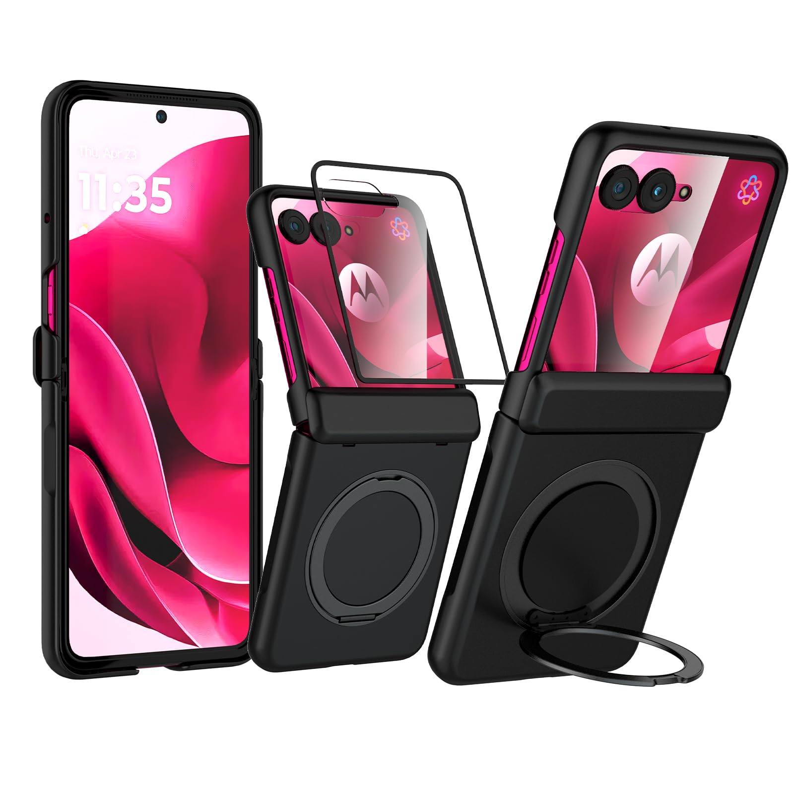 Magnetic Case for Moto Razr Ultra 2026/2025 Case, Compatible with Mag-Safe, Center Hinge Protection, 360° Rotating Finger Ring Holder with Built-in Screen Protector for Motorola Razr 60 Ultra