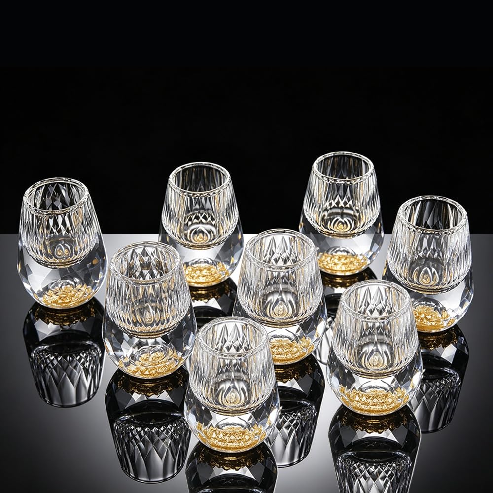 8 Pièces 15ml Verres à Shot en Diamant avec d’Or 24K pour Liqueurs