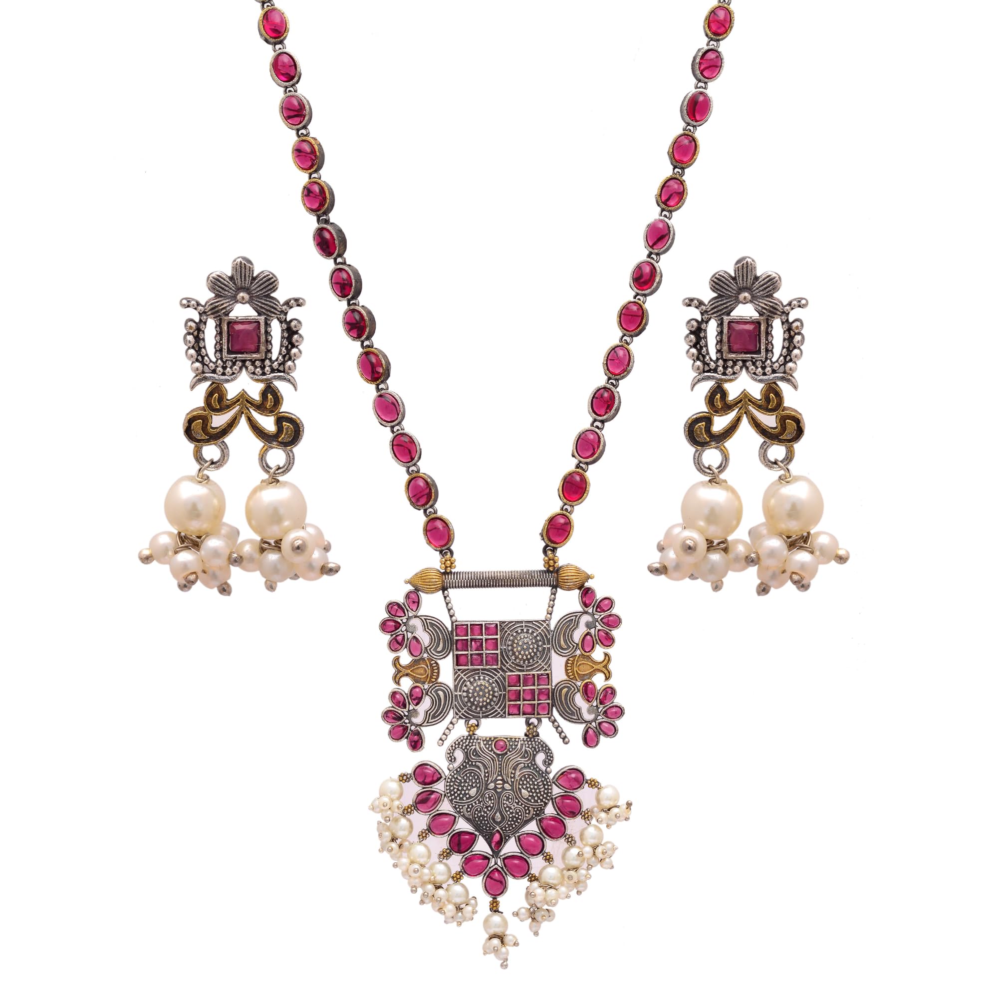 Tvayaa Art Bohemian Style Pendant Necklace Set Traditional Pink Stone Earrings Dual Tone Oxidized Polish Handmade With Pearls Hanging Bollywood Jewellery For Women (B0CZLH6BNW) Amazon Price History, Amazon Price Tracker
