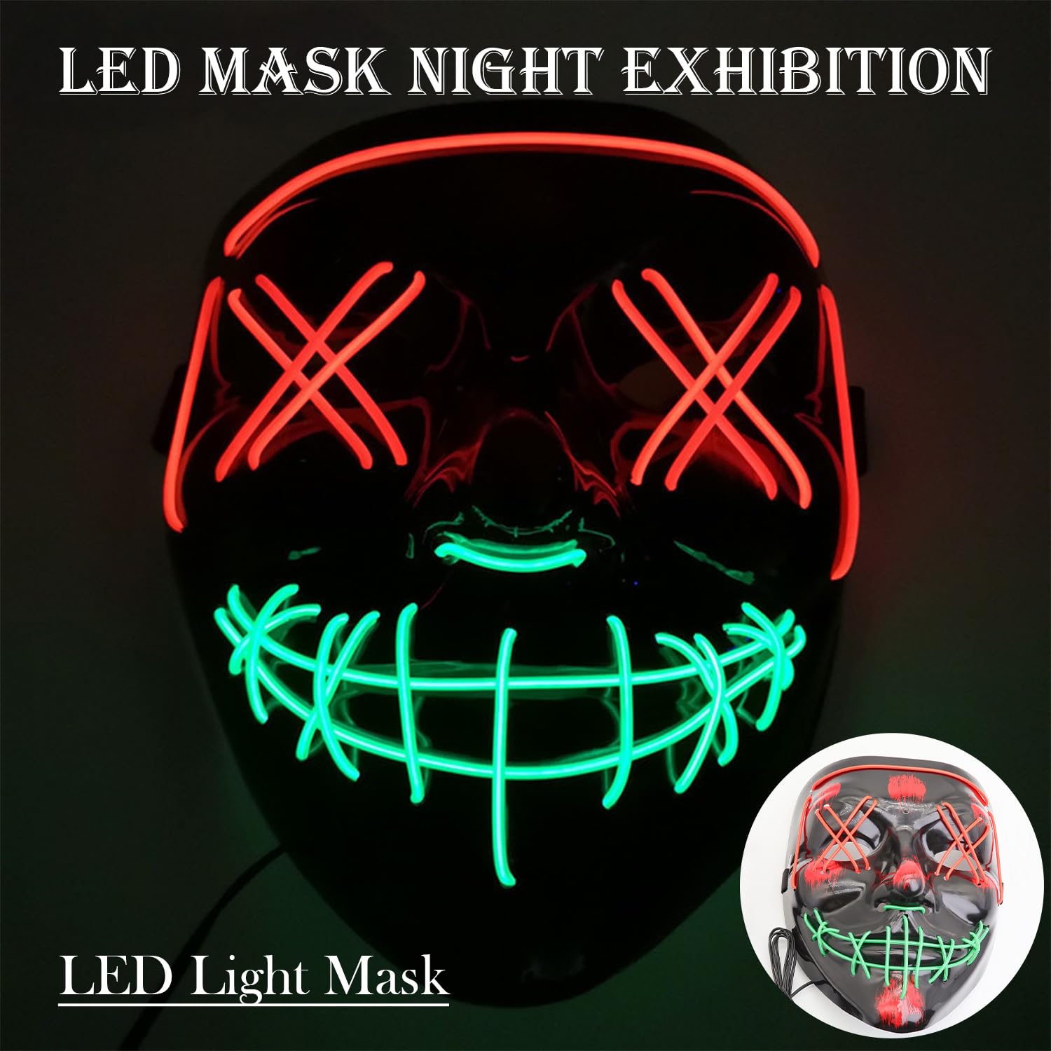Halloween Mask with LED Lights - Scary Light-Up Mask for Costume Parties Cosplay, Masquerade & Carnival Festivals (black D) - Image 3