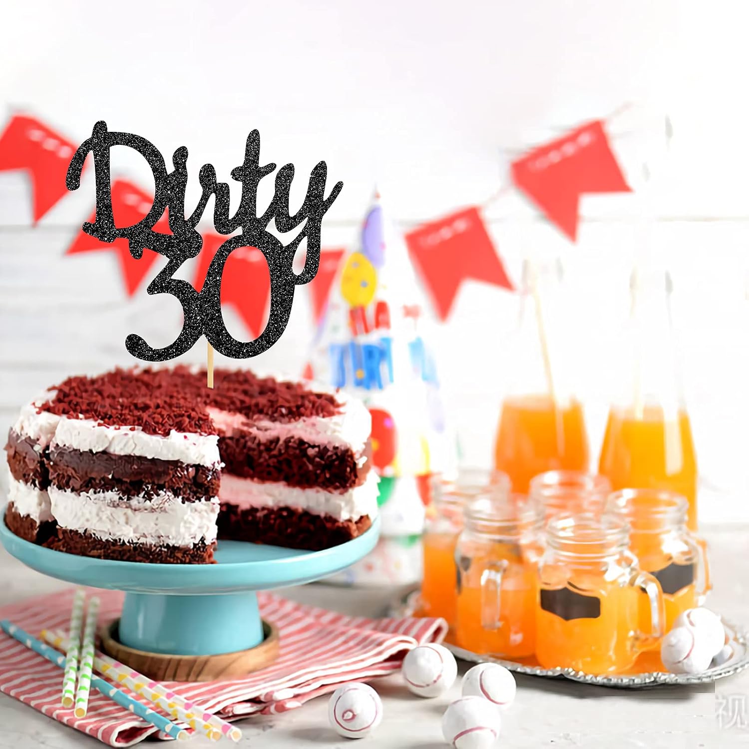 Black Glitter Dirty 30 Cake Topper - Thirty Sign - Happy 30th Birthday Party Decorations Supplies