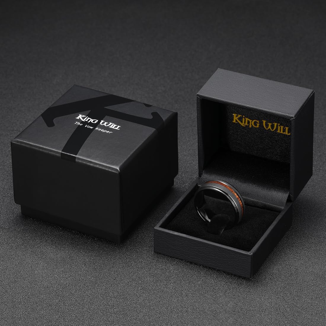 King Will 8mm Black Tungsten Rings, Men's Wedding Rings Meteorite/Foils/Wood Inlay Beveled Edge Wedding Band for Men Women Comfort Fit and Durable
