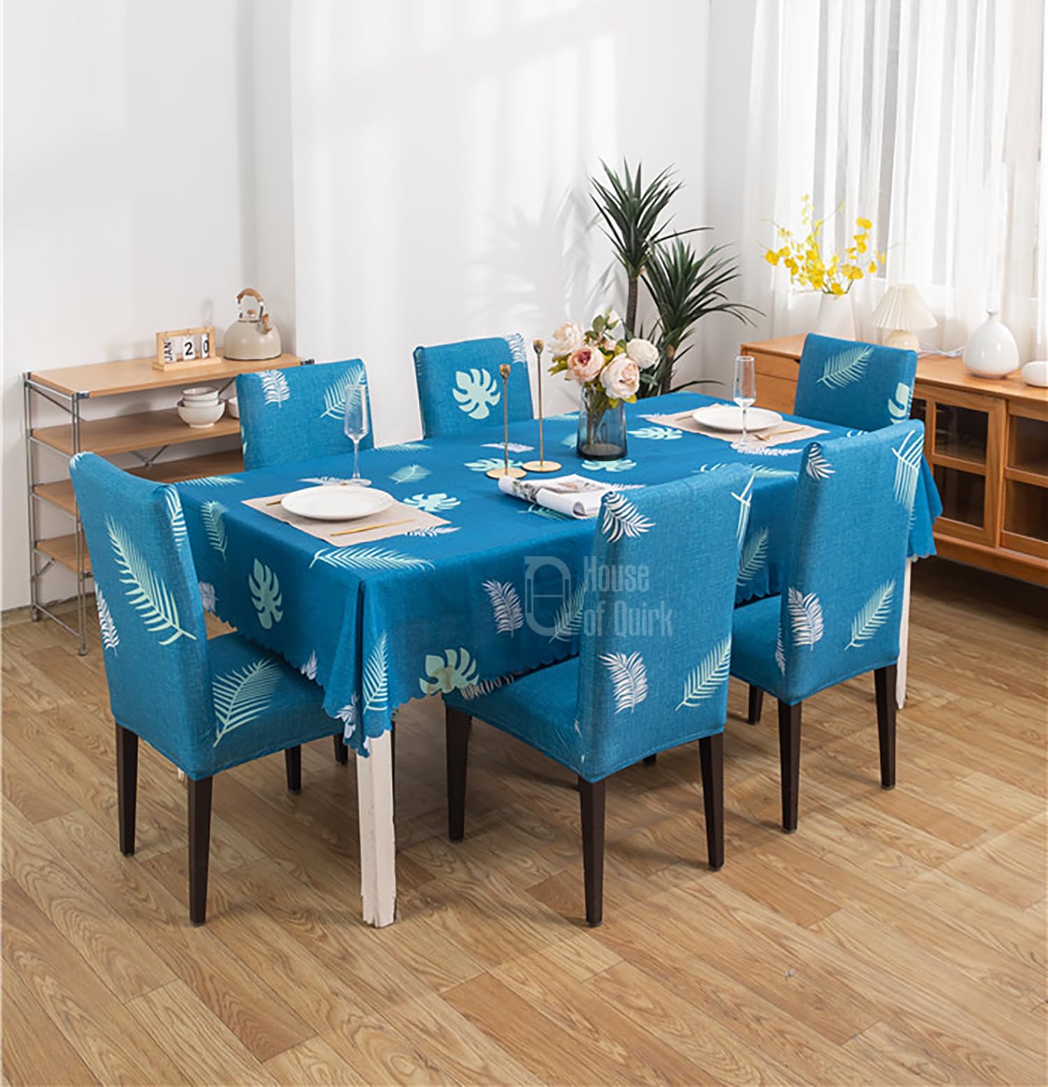 House of Quirk Polyvinyl Chloride (PVC) Dining Chair Cover with Rectangular Table Covers for Kitchen Waterproof Dining Table Cloth (Teal Flamingo, 1 Table Cover + 6 Chair Cover)