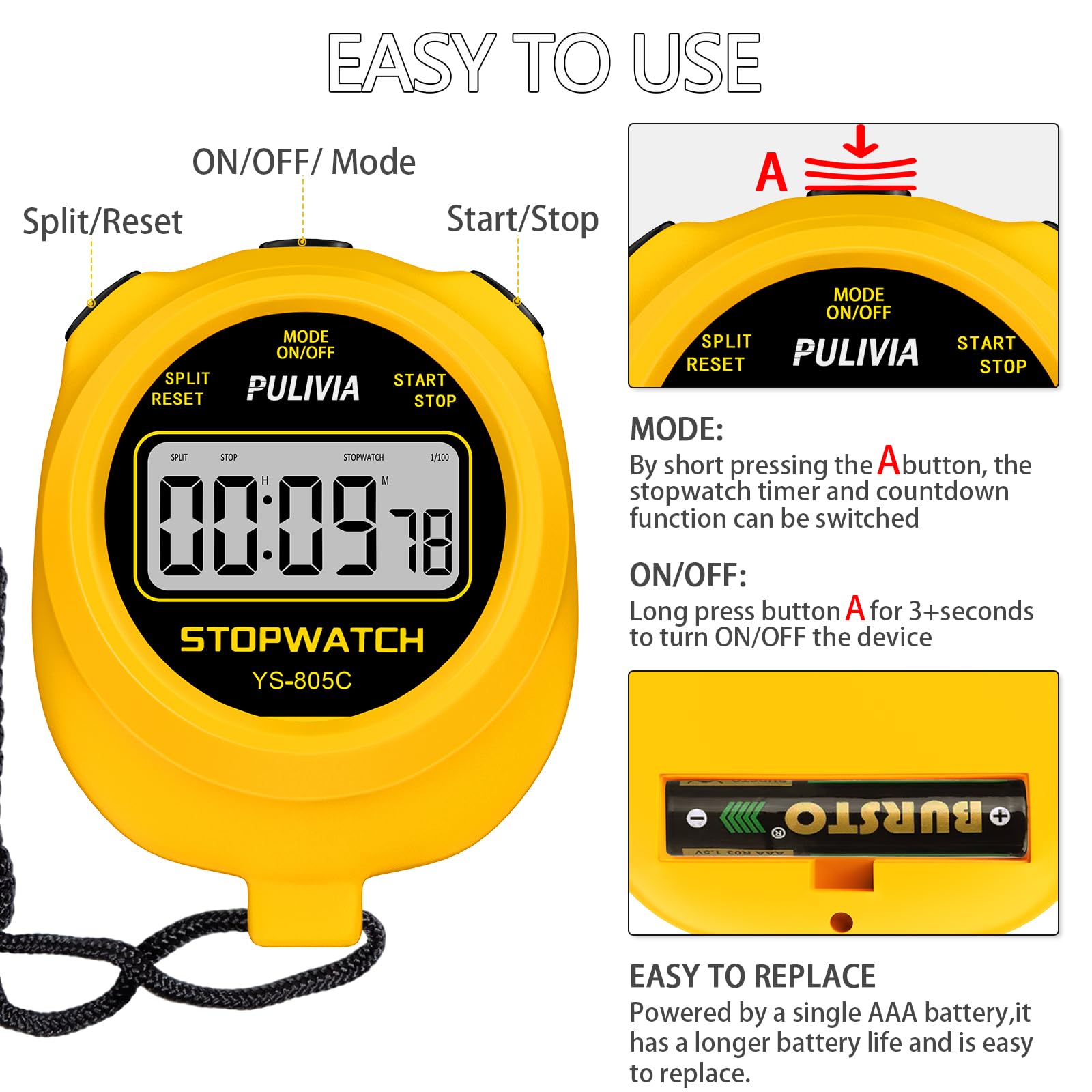Cronómetro con Cuenta Regresiva, Cronómetro Digital de Fácil Manejo para Deportes, Botón de Alarma de Cuenta Regresiva con Sonido, Batería AAA Incluida, Amarillo