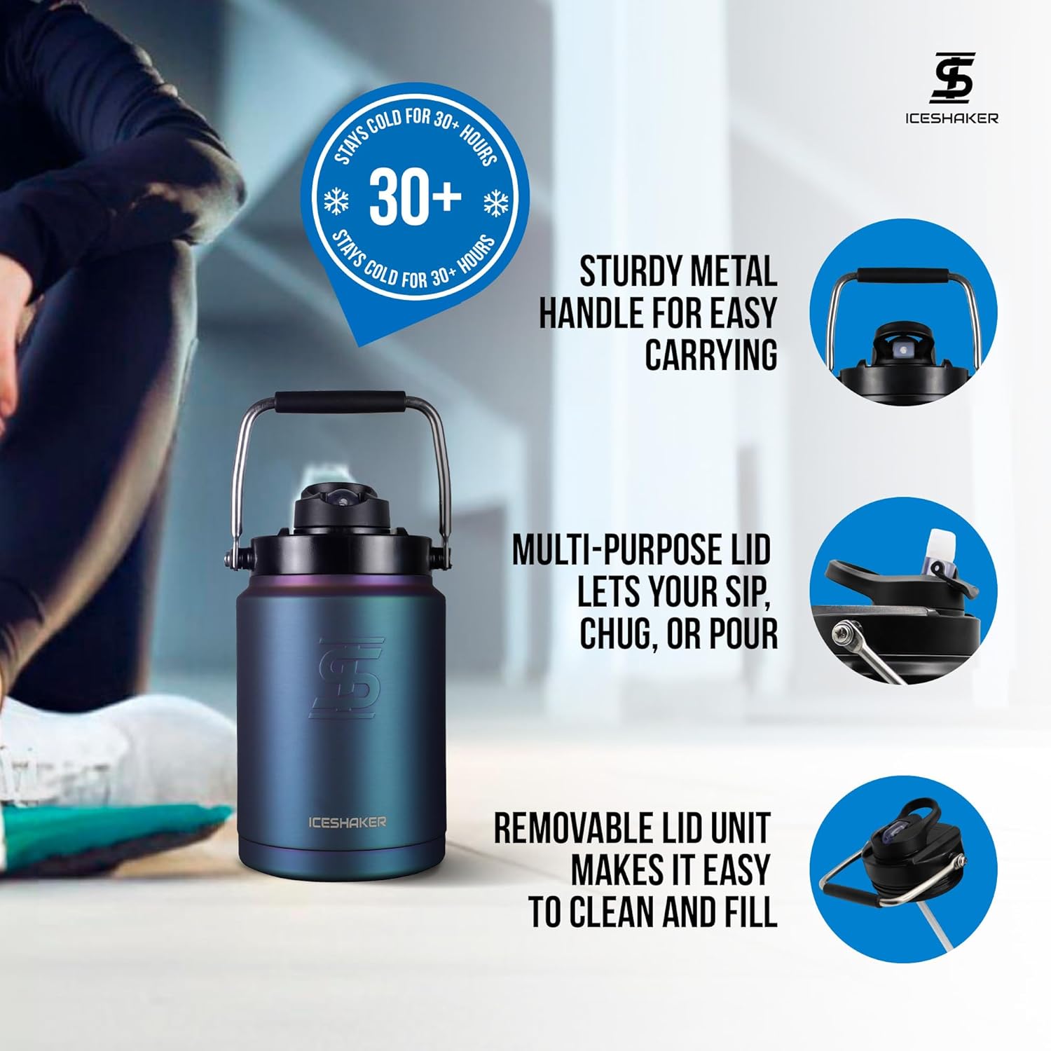 Ice Shaker Insulated Stainless Steel Half Gallon Water Jug | 64 oz, Wisteria | Stays Cold for 60+ Hours | Multi-purpose lid | Odor-Free Outdoor Water Jug for Sports, Camping, Hiking, Working Out