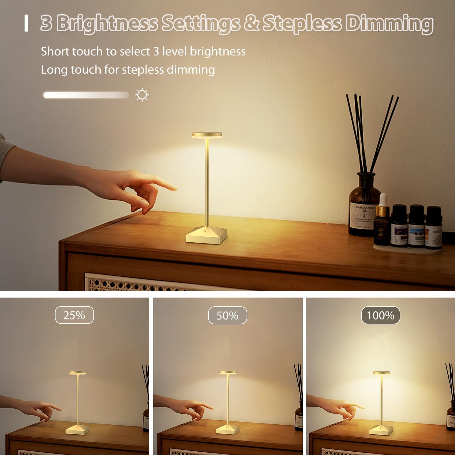 3 Pack 7.67in Gold Small Cordless Table Lamps Rechargeable, Battery Operated Mini Lamp, Small Lamp Touch Portable Table Lights, LED Night Light for Bedside/Dining/Bar/Outdoor (Gold-C)