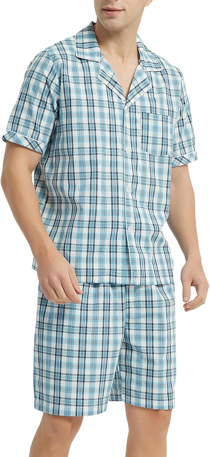 Vulcanodon Mens Cotton Pajama Set Short Sleeve, Button Down Pajama Set for Men Lightweight Men's Sleepwear - Image 3