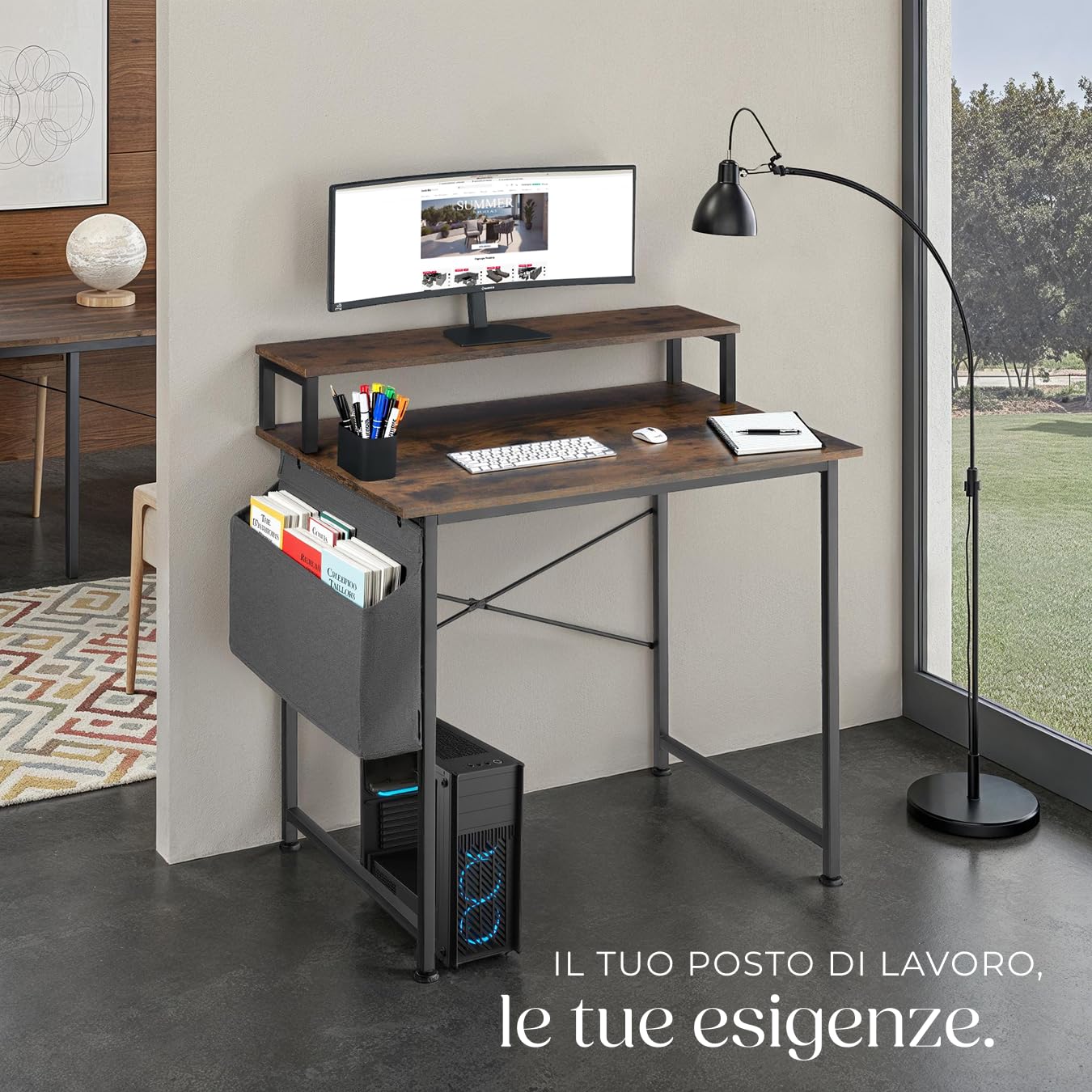 tectake® Scrivania 80x55x90cm con Ripiano rialzato per Monitor, Scrivania Gaming per Casa e Ufficio, Ideale Computer Portatile o Computer Fisso, Piedini Regolabili, Stile Industriale - Legno Scuro