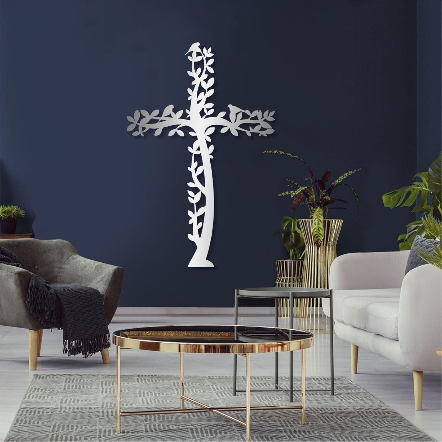 Cross Metal Wall Art, Tree Cross Metal Wall Decor, Dogwood Cross Wall Decor, Jesus Wall Decor, Christian Wall Decor, Religious Wall Decor, Religious Gift (53"x35" | 135x89.5 cm, White)