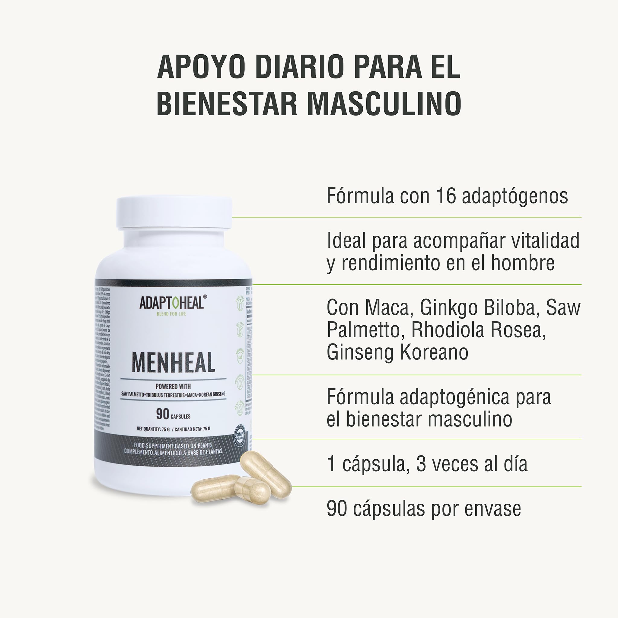 Adaptoheal Menheal - Adaptógenos para la Testosterona - 90 Cápsulas | Con maca negra, tríbulus, saw palmetto, ginkgo y ashwagandha, para el hombre, vegano, sin gluten, laboratorio español