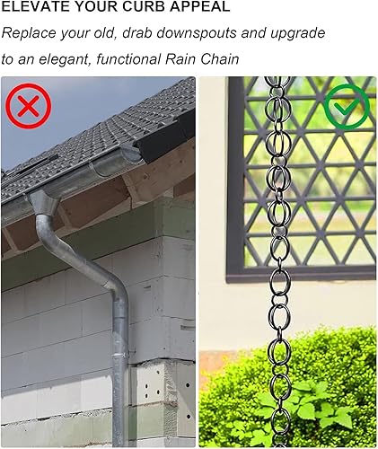 Miniatura 4 de Anillo negro cadena de lluvia adorno de jardín, desviador de agua de lluvia colgante para glorieta balcón, cadena de canalón de lluvia de aleación