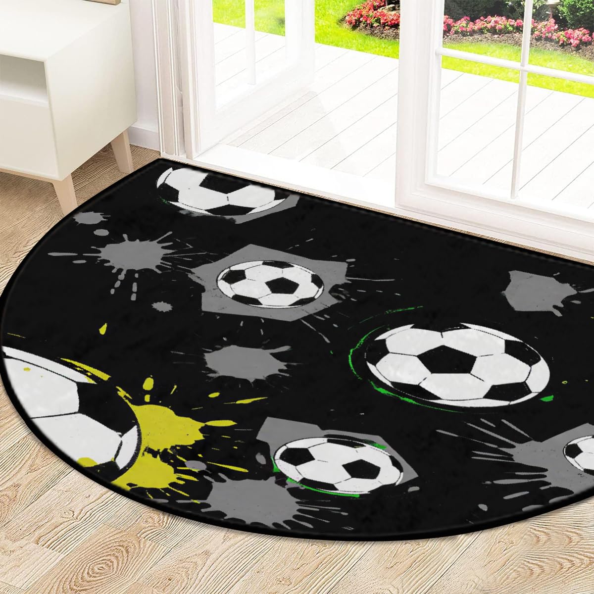 Große halbrunde Fußmatte, schwarz-weiß, Fußballbälle, rutschfest, saugfähig, halbrund, Eingangsbereich, niedlich, weich, halbrund, waschbar, Teppich für Küche, Badezimmer, Schlafzimmer, 160 x