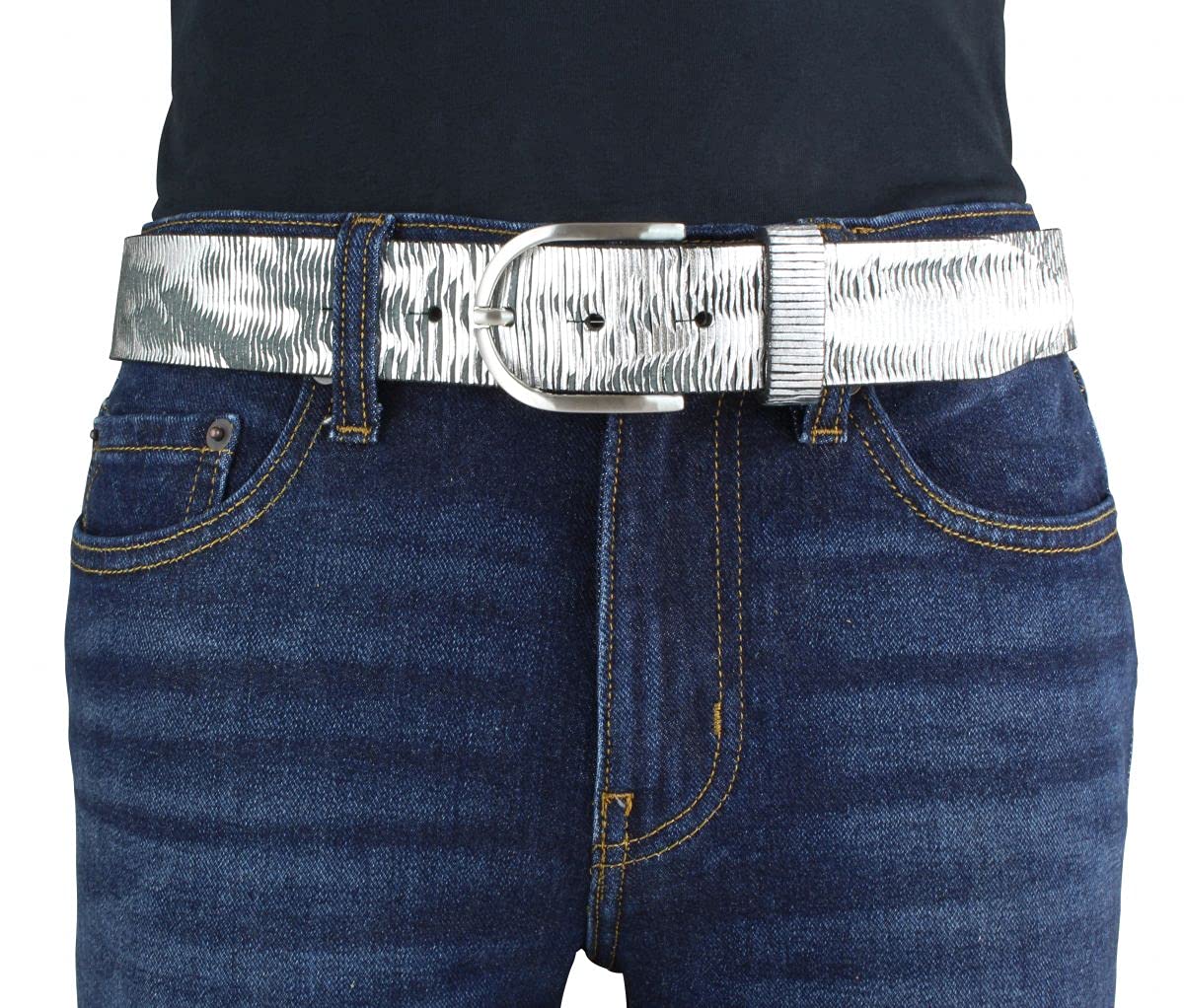 BELTINGER Damen-Gürtel aus Vollrindleder Metall-Optik 4,0 cm | Leder-Gürtel Metallic-Look 40mm | Glänzender Gürtel für Damen 4cm