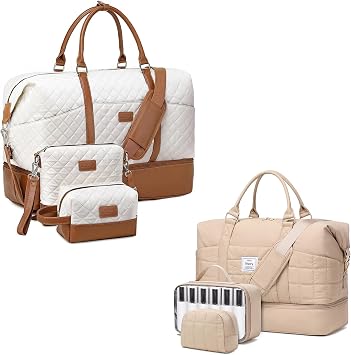2 Set White Brown + Puffer Khaki Weekender Bags for Women with Toiletry Bags