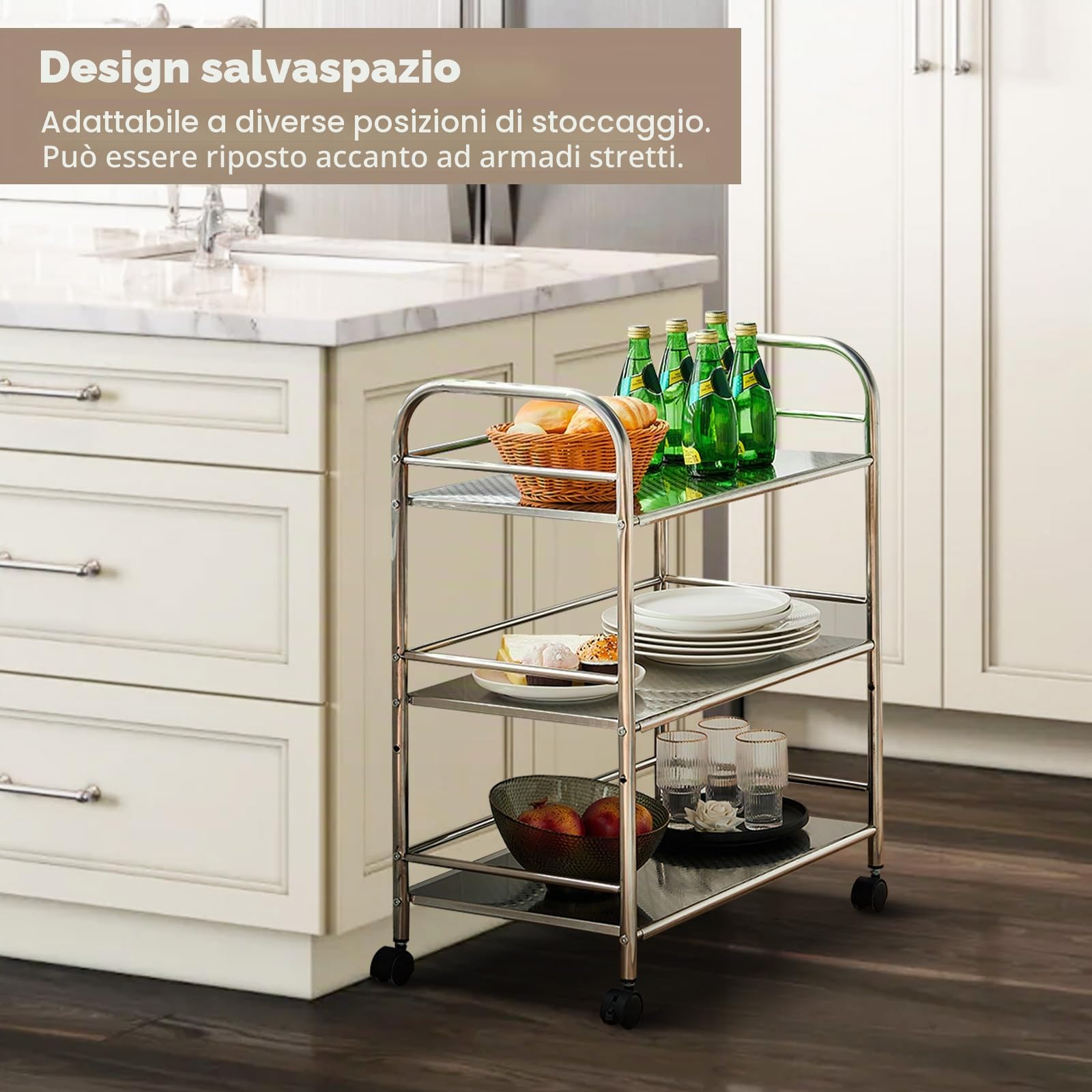 TUKAILAI Carrello da portata in acciaio inox con ruote, carrello da cucina su ruote, carrello per nicchia con 3 ripiani, scaffale a rotelle, carrello da cucina, argento (35 x 50 x 75 cm)
