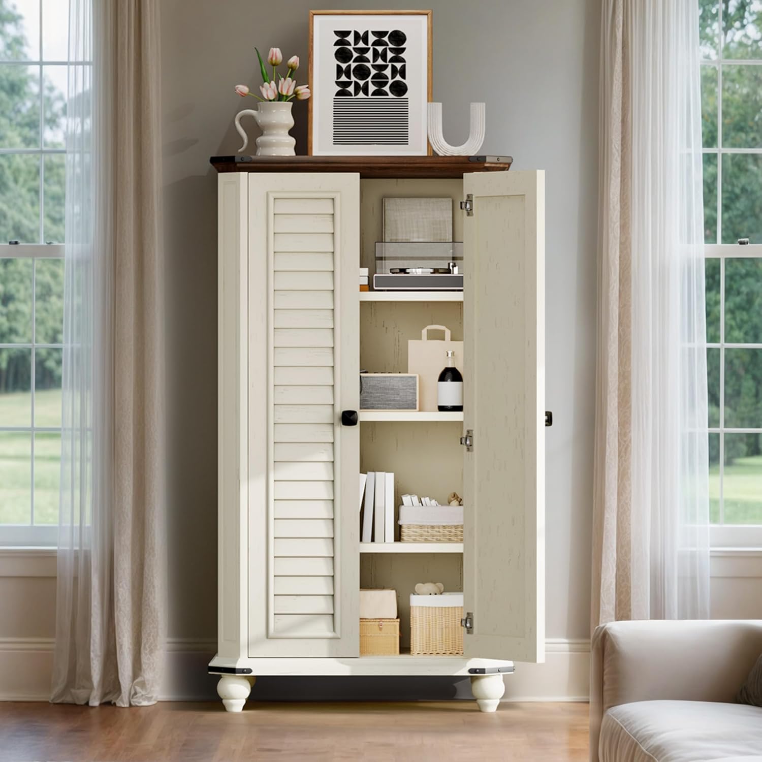 DWVO 4-Tier Storage Cabinet, 45.2" Farmhouse Kitchen Pantry Cabinet wth 2 Shutters-Doors & Adjustable Shelves, Wooden Tool Cabinet for Dining Room, Bathroom, Living Room, Laundry Room, Office, White